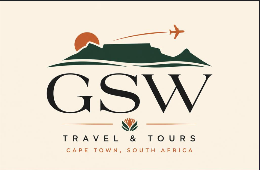 GSW Travel and Tours logo: Table Mountain, plane and protea motif
